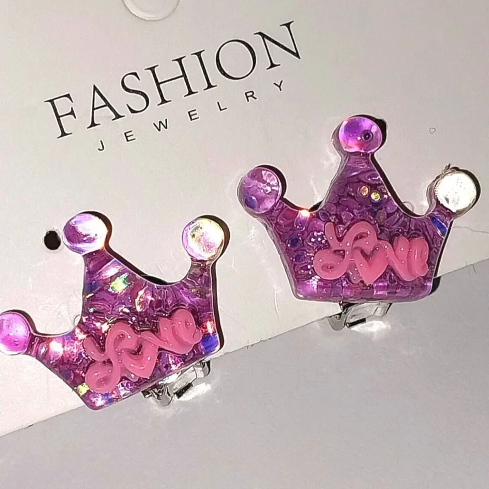 Beautiful girls clip-on love crown earrings for kids